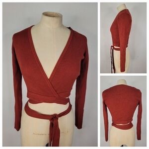 Audrey 3+1 Wrap Crop Top Sz S Ribbed Long Sleeve